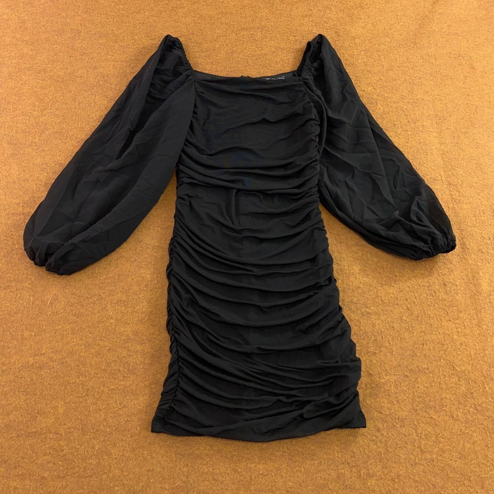 Exarus Girls 12Y Black Ruched Puff Sleeve Bodycon Mini Dress New